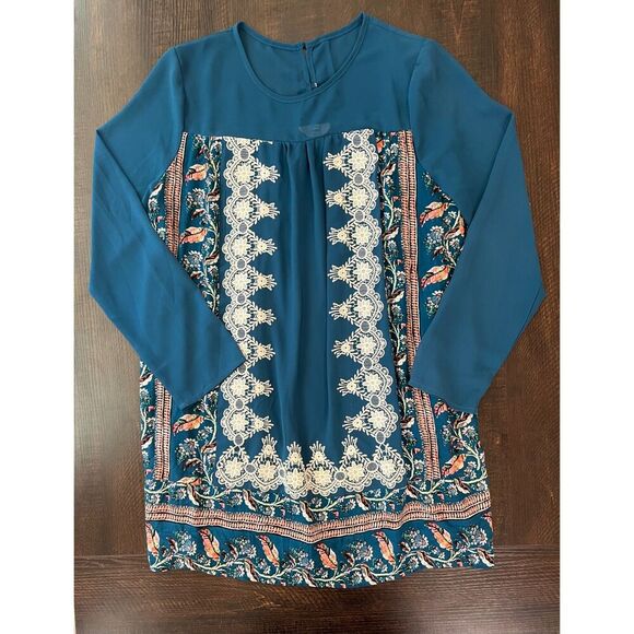 Entro Dresses & Skirts - Entro Women’s Teal Embroidered Tunic Dress Size Medium